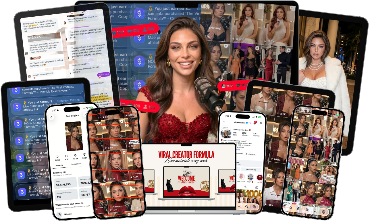 Creator results collage: sales notifications, viral Reels, Instagram growth, and the Viral Creator Formula system across devices